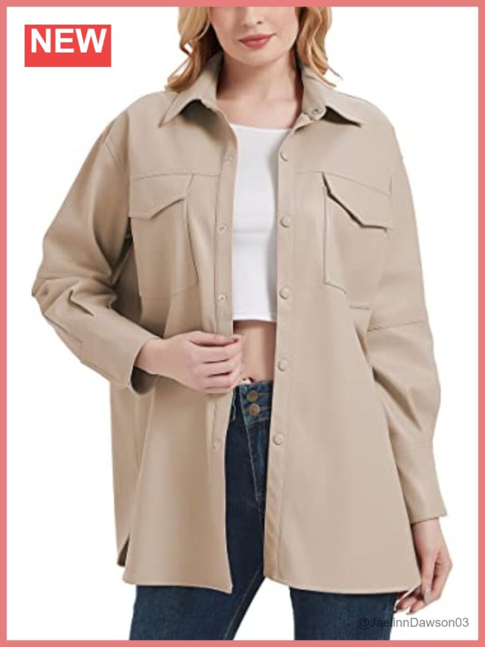 Faux Leather Shacket Button Down Collar Relaxed Fit